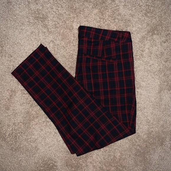 blue and red plaid pants